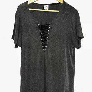 Dark Grey Laced Up Front Short Sleeve Shirt